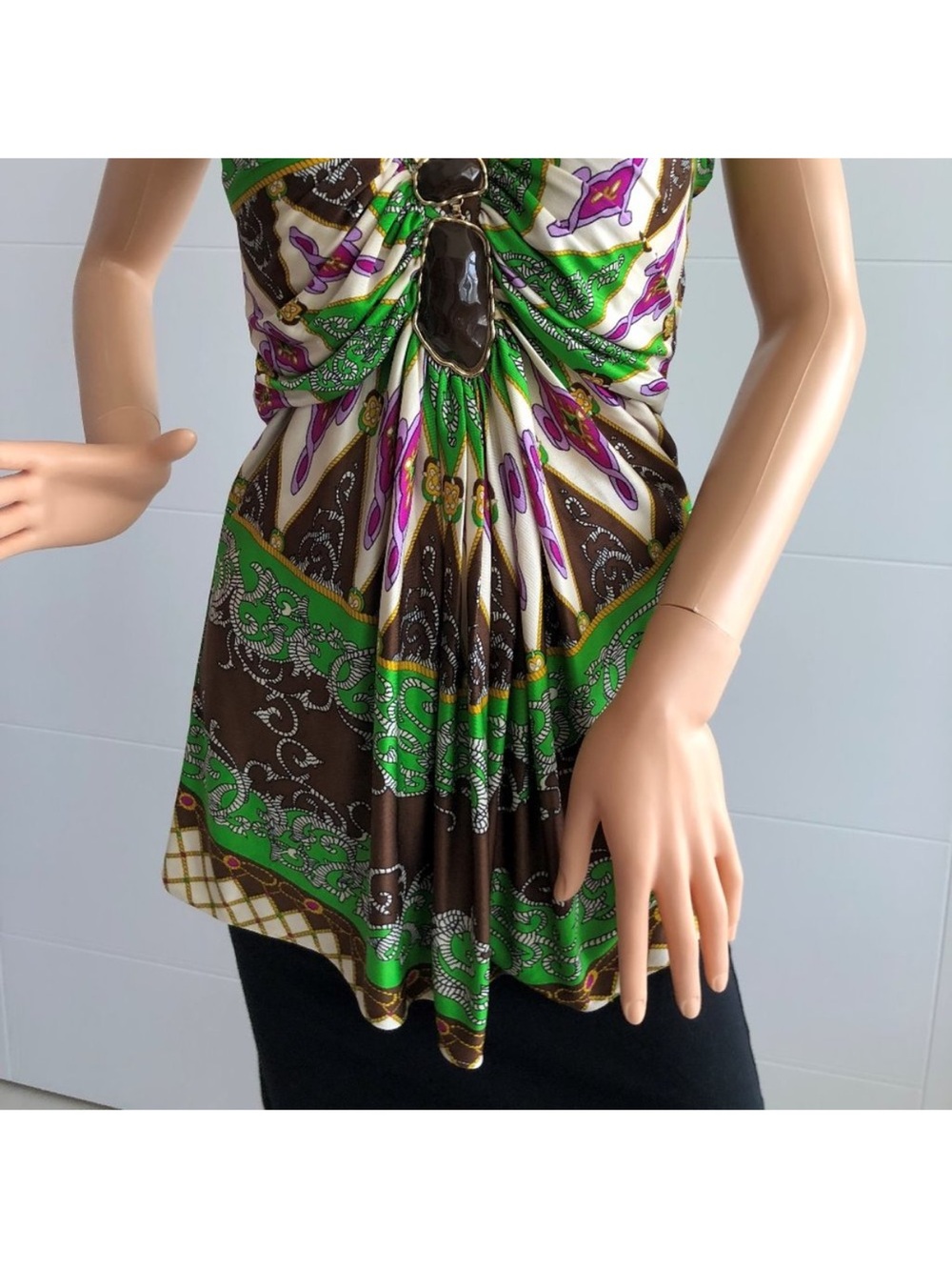 RARE Y2K Sky Gold Necklace halter top with green and brown pattern Small EUC - Picture 5 of 6